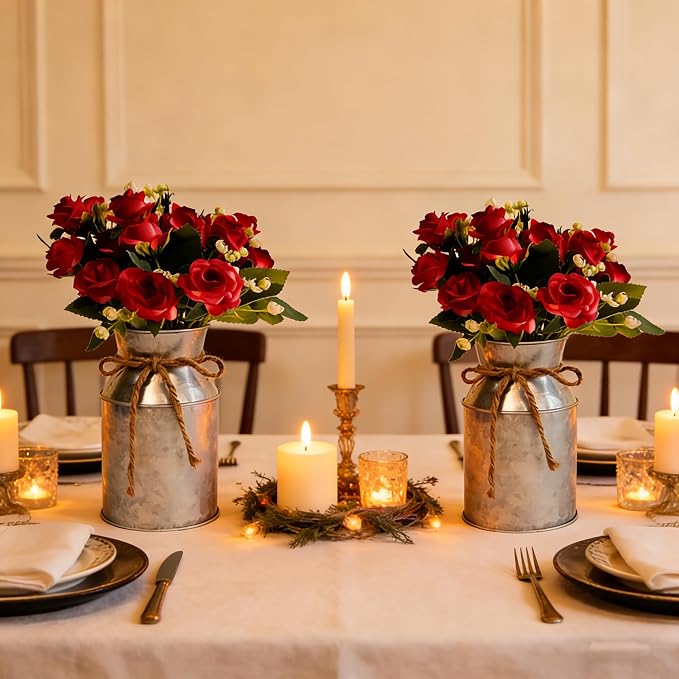 Set of 6 Wedding Flower Centerpiece for Tables Decorations, Red Artificial Roses Bouquet with Metal Vase, Faux Flower Arrangement for Party Bridal Shower Party Event (Silver Vases & Red Roses)