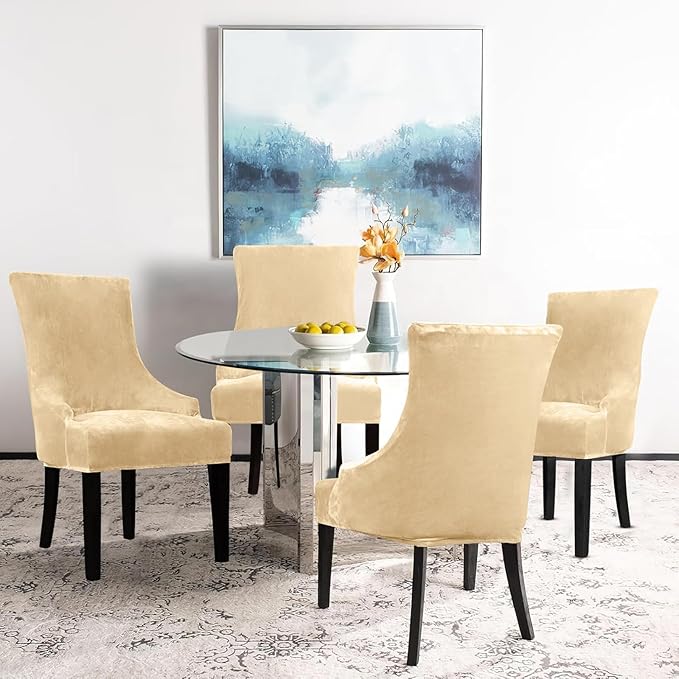 Lellen Velvet Stretch Wingback Chair Cover - Reusable Wingback Side Chair Slipcover Chair Seat Cover Chair Protector Cover for Dining Room Banquet（Sand Color,2PC