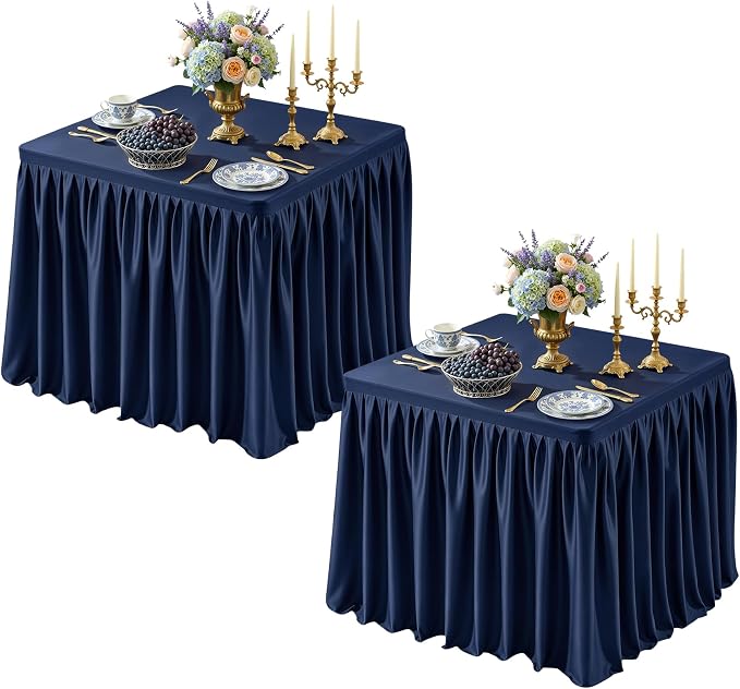Navy Blue Square Tableloths 34x34 Inch 2 Packs, Stretch Fitted Square Table Cloth Washable Fabric Card Table Cover with Pleated Ruffle Skirt for Dining,Kitchen,Buffet Parties,Trade Show,Vendor Stand