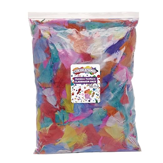 Colorations Rainbow Craft Feathers Classroom Pack, 8 oz – Colored Feathers for Arts & Crafts, Includes Zip-Top Bag for Easy Storage – Classroom Supplies for School and Learning at Home