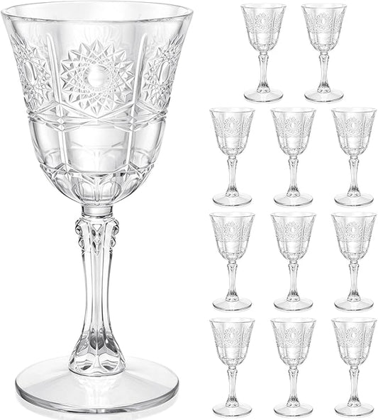 Plastic Wine Glasses, Unbreakable Wine Cups with Stem 6oz Disposable for Wedding Party Holiday, Sunflowers Vintage Plastic Goblets for Champagne, Juice, Cocktail (12 Pcs Transparent)
