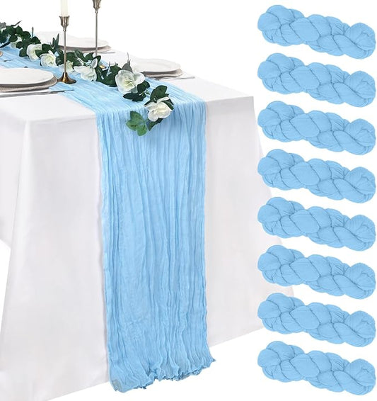 8 Pack Baby Blue Cheesecloth Table Runner 10ft Boho Gauze 120 Inch Cheese Cloth Table Runner Rustic Sheer for Spring Holiday Baby Shower Party Décor Home Wedding Decoration