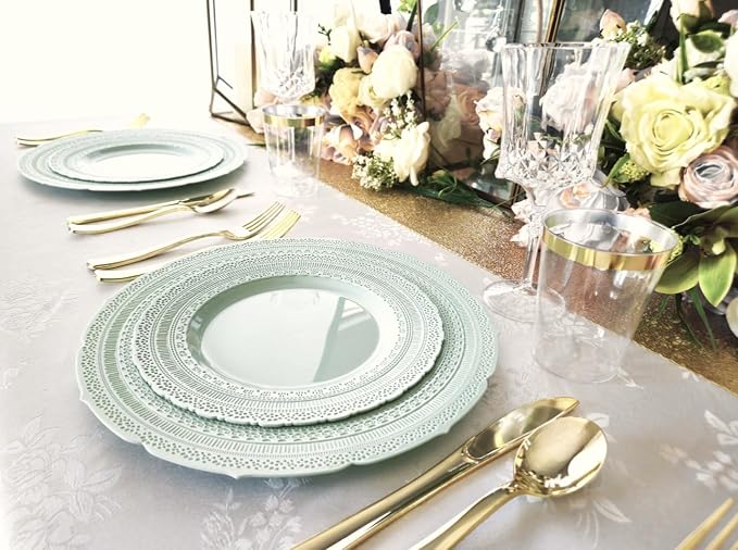 OCCASIONS 240pc Heavy Duty Disposable Plastic Plates Set for 120 Guests – 120 Dinner (11") & 120 Salad/Dessert (8.25") Plates – BPA Free, Chateau Mint