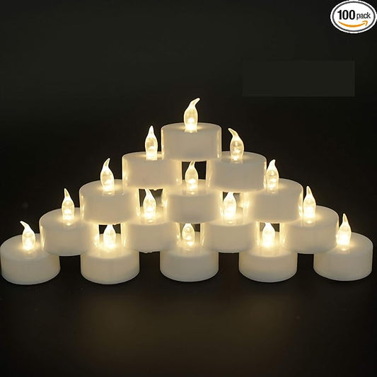JUNPEI Battery Operated Powered Tea Lights : Realistic Tea Lights Flickering Candles Holiday Gift Suitable for Wedding Parties Festival Celebration Long Lasting (100pack Warm White)