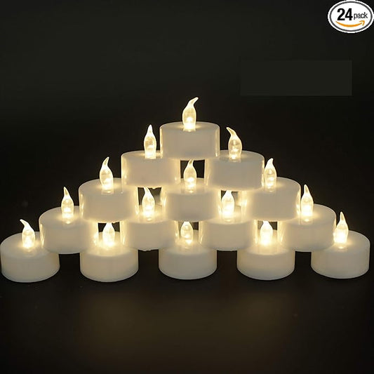 JUNPEI Pack of 24 Flameless Tea Light Candles Realistic Flickering:Battery Long Lasting Warm White Light Lamp Operated Powered for Seasonal & Festival Celebrations