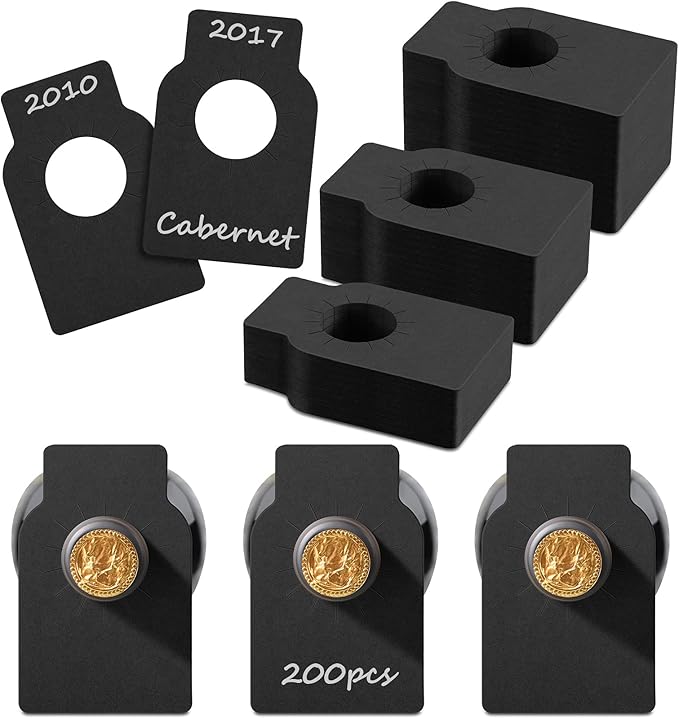 200 Pieces Wine Bottle Tags Paper Cellar Label Reusable Racks Marker Wine Bottle Neck Id Tags Double Sided Bottles Hanging Tag for Seller Bridal Shower Party (Black)