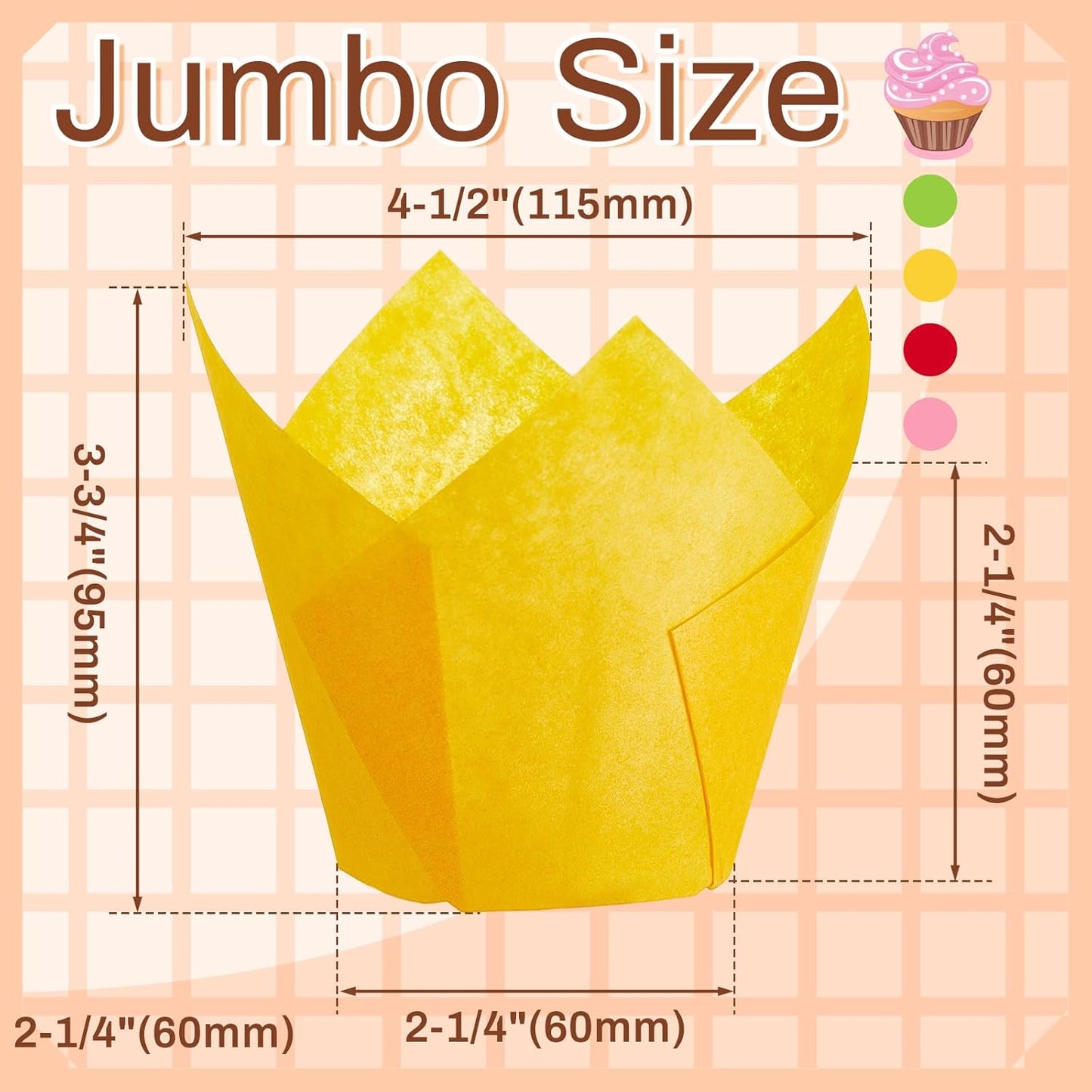 300 Pcs Jumbo Muffin Liners for Baking 2-1/4" x 4" Large Tulip Cupcake Liners Greaseproof Cupcake Wrapper Paper for Weddings Birthday Christmas Anniversaries Party (Green,Red,Yellow,Pink)