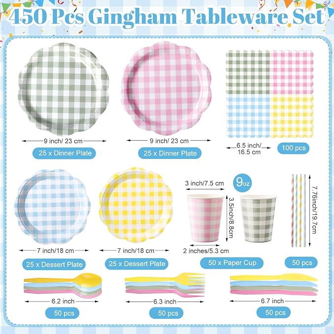 450 Pcs Gingham Tableware Set Decorations Pastel Plaid Paper Plates Napkins Cups Cutlery Straws Checkered Dinnerware Set for Baby Shower BBQ Picnic Birthday Party Supplies, Serves 50