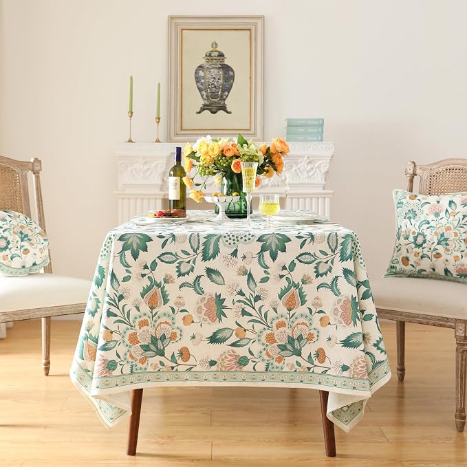 patdrea Vintage French Linen Tablecloth,Square,67"x67"-Tree Life | Elegant Colorful Table Cloth for Square Table,Green Floral Patterned,for Dining Room Tea Party Thanksgiving,Durable