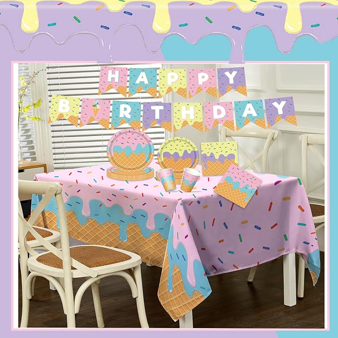 Ice Cream Party Supplies Kit for 24 With Ice Cream Plates, Napkins, Cups, Tablecloth, Banner for Birthday Decorations