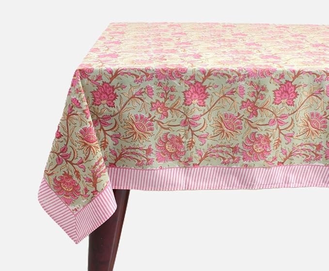 Ridhi Pistachio Green Hand Block Print Cotton Rectangle Tablecloth 60" x 60" inches Reusable Table Cover Decorative Everyday Use for Dining Room, Farmhouse, Home Gift for Spring, Mother's Day