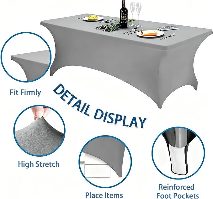 6FT Light Grey Table Cloth - 2 Pack Fitted Stretch Rectangle Spandex Tablecloth, Washable Table Cover for Party, Picnic, Wedding, Banquet, Birthday and Festival(30" x 72")