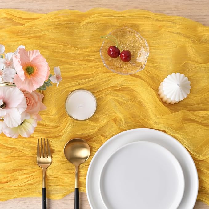 Joanlody Yellow Cheesecloth Table Runner Spring Summer 10Ft Rustic Gauze Boho Cheese Cloth Table Runner for Wedding Bridal Baby Shower Decoration 4 Pack