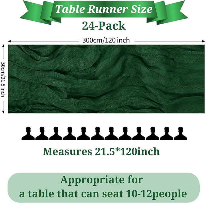 24 Pack Dark Green Cheesecloth Table Runner, 10FT Long Romantic Sheer Cheesecloth Rustic Boho Table Runner for Wedding Baby Shower Birthday Bridal Party Decorations(Dark Green)