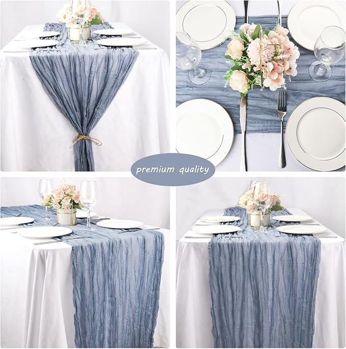 12 Pack 10Ft Cheesecloth Table Runner 35x120 Inch Boho Gauze Table Runner Rustic Cheese Cloth Long Romantic Table Runners for Wedding Bridal Shower Birthday Party Table Decor (Dusty Blue)