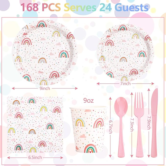 Boho Rainbow Birthday Decorations for Girl, 168Pcs Rainbow Plates and Napkins Party Supplies, Rainboww Party Plates Serve 24,Baby Shower for 1st 3rd 4th 5th Girl Birthday Decorations