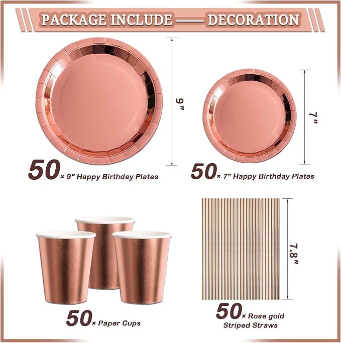 UJoyant 296 Pcs Birthday Decorations For Women, Rose Gold Party Decorations Kit For Girls Or Women - Butterfly, Hanging Swirl, Balloon Stand, Sash, Tiara, Banner, Balloon, Tableware For 50 Guest