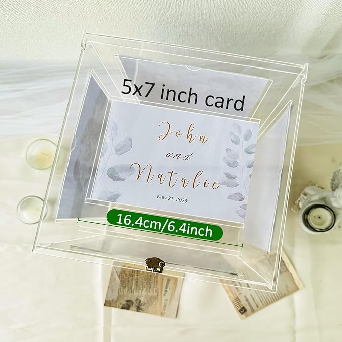 Acrylic Wedding Card Box with Picture Frame, Clear Gift Card Box for Wedding Reception, Large Rotatable Money Envelope Card Box Holder with Lock for Graduation Party Birthday Baby Shower