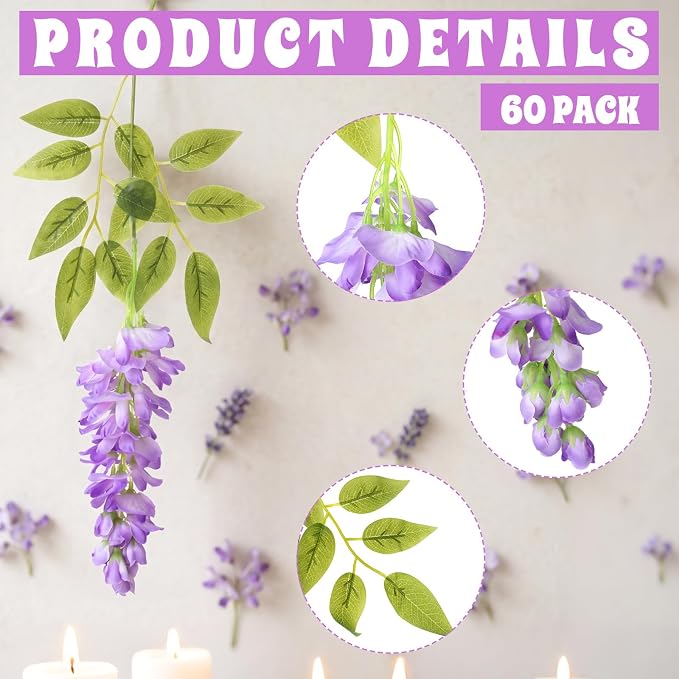 Lyrow 60 Pack Artificial Purple Wisteria Floating Garland, Ceiling Hanging Flower Vines, Enchanted Themed Decorations, Whimsical Party Coquette Aesthetic Fairy Room Decor, Garden Wedding Wall Decor