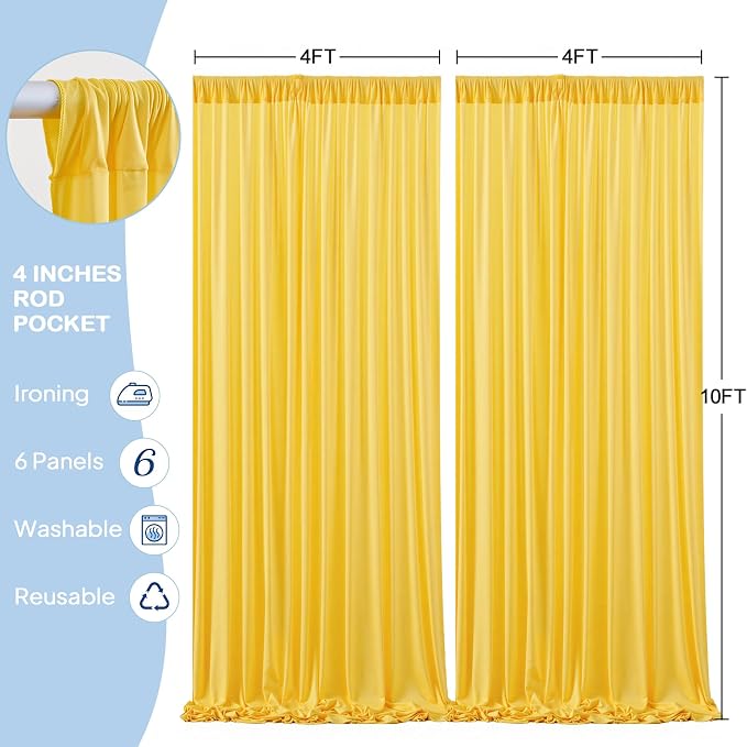 6 Panles Yellow Backdrop Curtains - Wrinkle Free Fabric Backdrop Curtain for Photoshoot, 10FT Wedding Party Photo Backdrop Drapes for Birthday Baby Shower Photography Stage Background Decorations