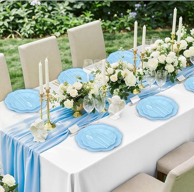NatNarr 175 Pcs Light Blue Plates and Napkins Set, 25 Guest Blue Party Supplies Include Scalloped Plates Napkin Cup Forks Knives Disposable Plastic Cutlery for Wedding Boy Baby Shower Birthday