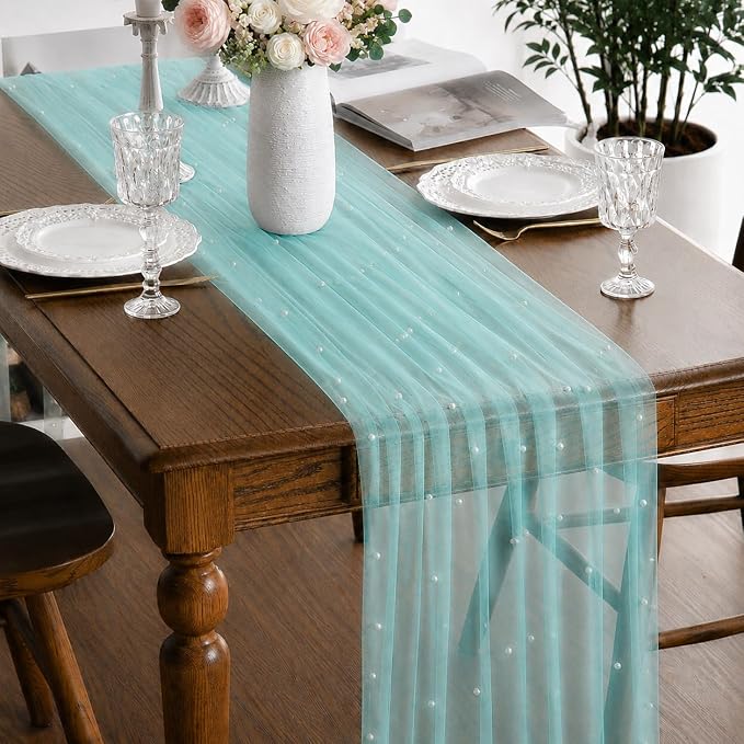 Pearl Turquoise Gauze Pearl Table Runner 120 Inch 10FT, Seasonal Sheer Dining Holiday Wedding Birthday Baby Shower Tulle Summer Table Decor for Home Party