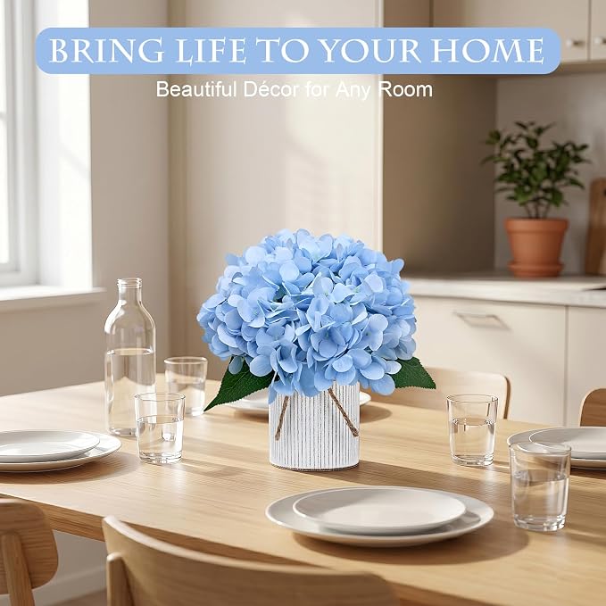 Set of 6 Faux Flower Table Centerpieces - Light Blue Artificial Hydrangeas Floral Arrangement with Rustic Metal Vase for Anniversary Wedding Tea Party Event Decorations