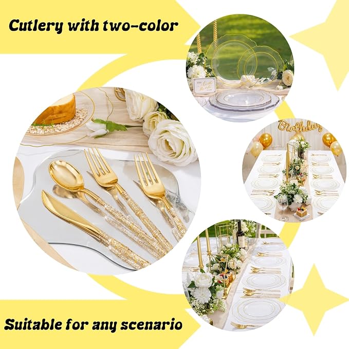 Liacere 150PCS Clear Gold Plastic Plates - Disposable Plastic Silverware with Glitter Bamboo Handle Cutlery-Baroque Clear Gold Disposable Plates for Wedding & Party & Mother's Day