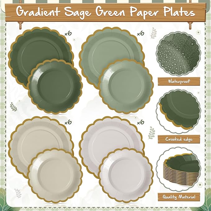 Mimorou 169 Pcs Sage Green Plates and Napkins Party Supplies for Guests Sage Green Tableware Include Scalloped Plates Paper Napkin Cup Spoon Fork Knife for Baby Shower, Wedding, Birthday