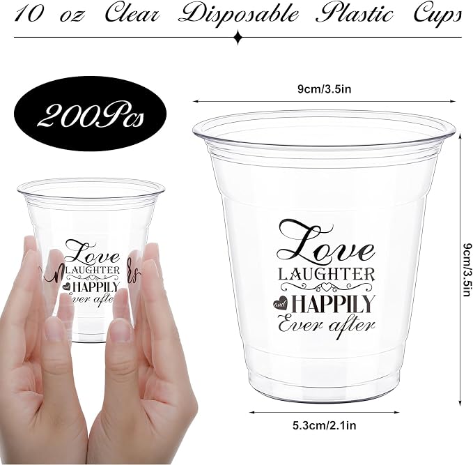 Dandat Disposable Wedding Plastic Cups Bulk 10oz Mr and Mrs Happily Ever After Disposable Clear Reception Drinking Cup for Wedding Reception Bridal Shower Engagement Party(200 Pack,Love Laughter)