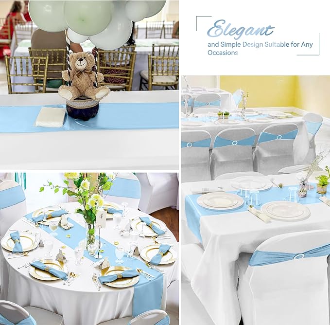 24 Pack Light Blue Satin Table Runners 12 x 108 Inch Long Sky Blue Table Runners for Rectangle Round Tables, Smooth Satin Table Runner for Wedding,Birthday Party Banquets Engagements Decoration