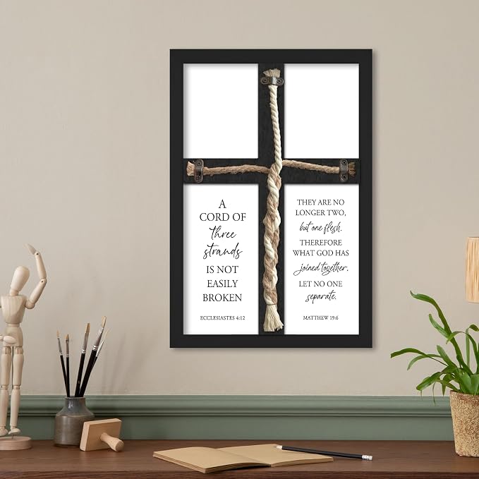 A Cord of Three Strands Wedding Unity Cross Sign Braided Rope Ceremony Art | 15x10 Inch Rustic Farmhouse Black Wood Framed, Christian Marriage Prayer Wall Decor for Couples, Anniversaries & Prayer Rooms