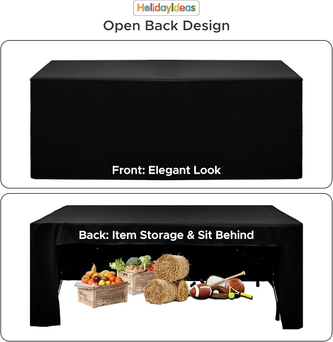 HolidayIdeas 6-Pack 6ft Open Back Fitted Tablecloths for Craft Shows Black | 3-Sided coverage wrinkle resistant tablecloths for vendor booths,banquet events,outdoor pop-up shop