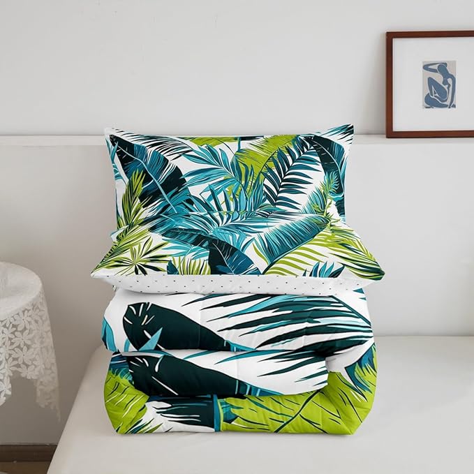 jejeloiu Palm Leaf Comforter Set Twin Size Kids Tropical Leaves Pattern Bedding Set for Boys Girls Summer Boho Bohemian Style Botanical Branches Nature Theme Duvet Quilt Room Decor