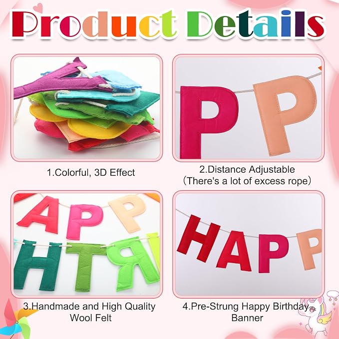 Mindsoft Felt Happy Birthday Garland Rainbow Banner Reusable Happy Birthday Sign Party Supply for Party Decor(Rainbow Color,Normal)