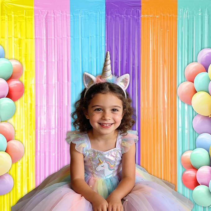 Pastel Foil Fringe Curtains Backdrop Birthday Party Decorations, 2 Pack 3.28 x 6.56 Ft Pastel Color Tinsel Streamer Banner Photo Booth Props for Easter Unicorn Summer Beach Pool Party Decor Supplies
