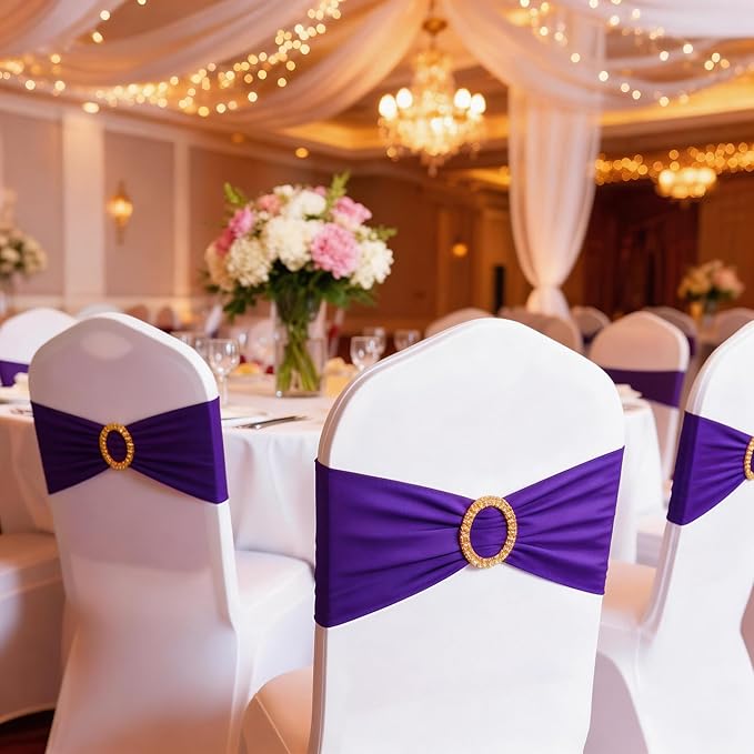 Pack of 50 Spandex Purple Chair Sashes with Gold Buckles, Stretch Chairs Sashes for Wedding Party Baby Shower Ceremony Event Decorations Chair Bands Bows (Purple Sashes, Gold Buckles)