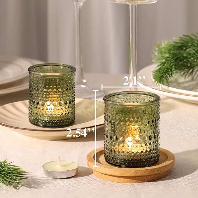 30 Pcs Green Votive Candle Holders, Glass Tea Lights Holder with Polka Dot Embossed, Vintage Candle Holder for Weddings, Home Decor, Baby Shower, Special Occasions