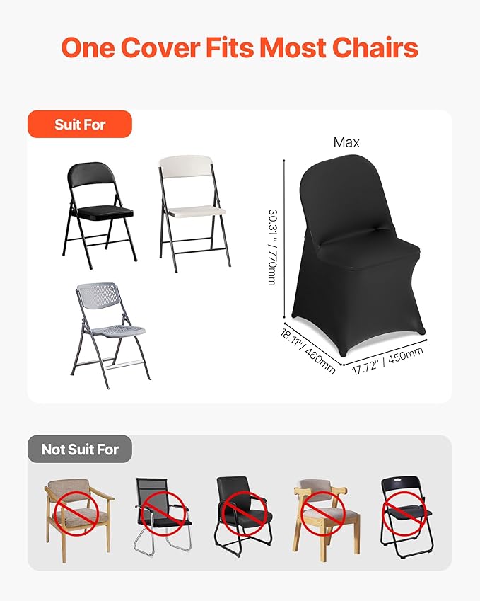 VEVOR Chair Covers, Polyester Spandex Chair Cover, Stretch Slipcovers for Wedding Party Dining Banquet Flat-Front Chair Covers (Black-c, 150PCS)