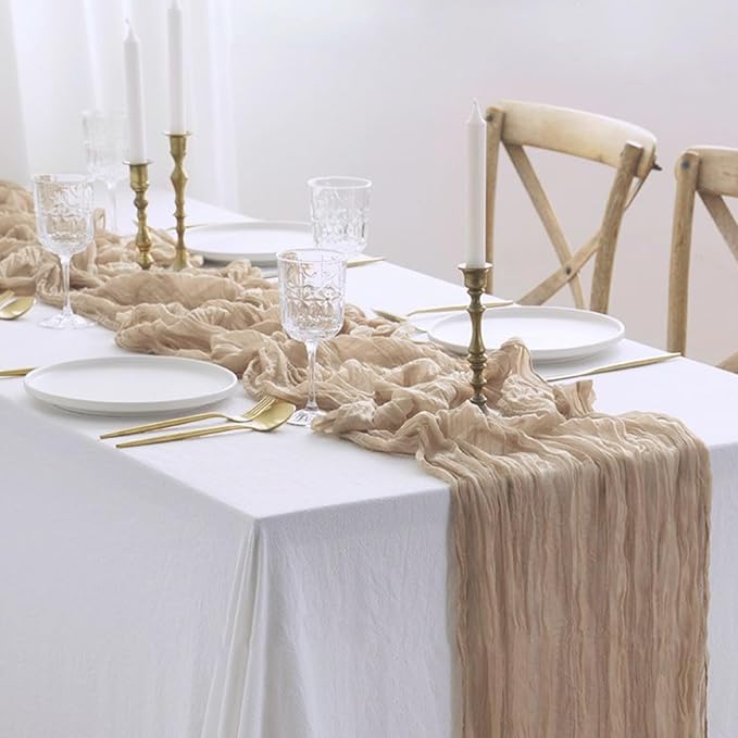 8 Pack Nude Cheesecloth Table Runner 21x120 Inch Gauze Tan Table Runners Reusable Polyester 10ft Boho Rustic Cheese Cloth Table Runner for Wedding Party Baby Shower