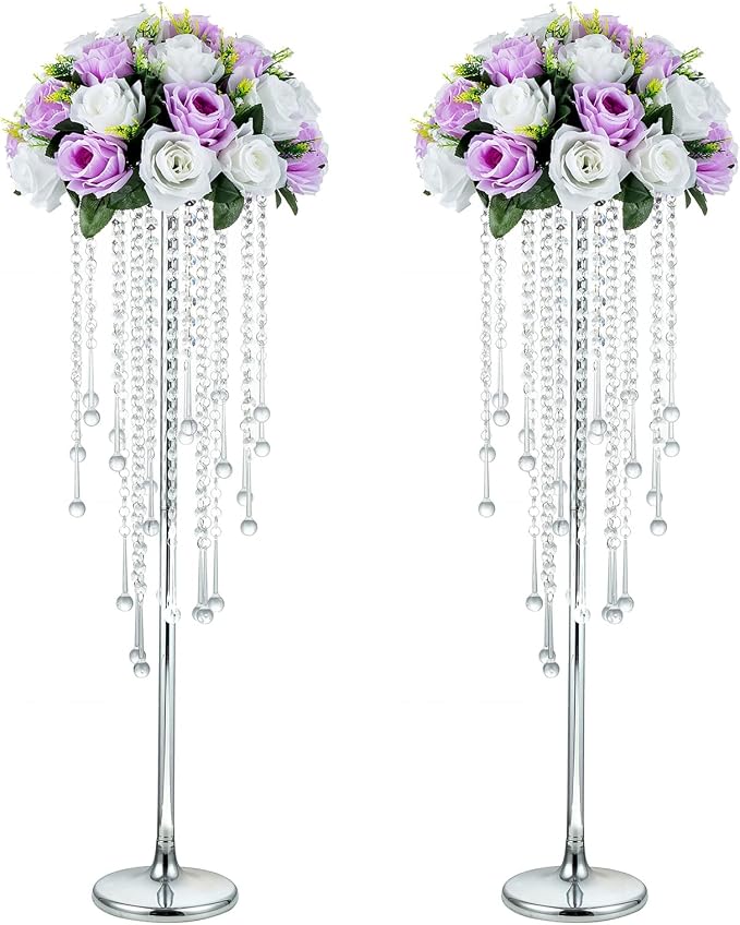 NUPTIO Silver Vase Wedding Centerpieces: 2 Pcs 29.5in Tall Crystal Flower Stand for Tables Elegant Metal Flowers Arrangement Vases for Weddings Birthday Party Anniversary Reception Home Decorations