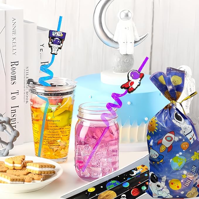 152PCS Space Party Favors Set, Outer Space Birthday Decorations Including Slap Bracelets, Keychains, Gift Bags, DIY Stickers, Drinking Straws, Alien Birthday Supplies
