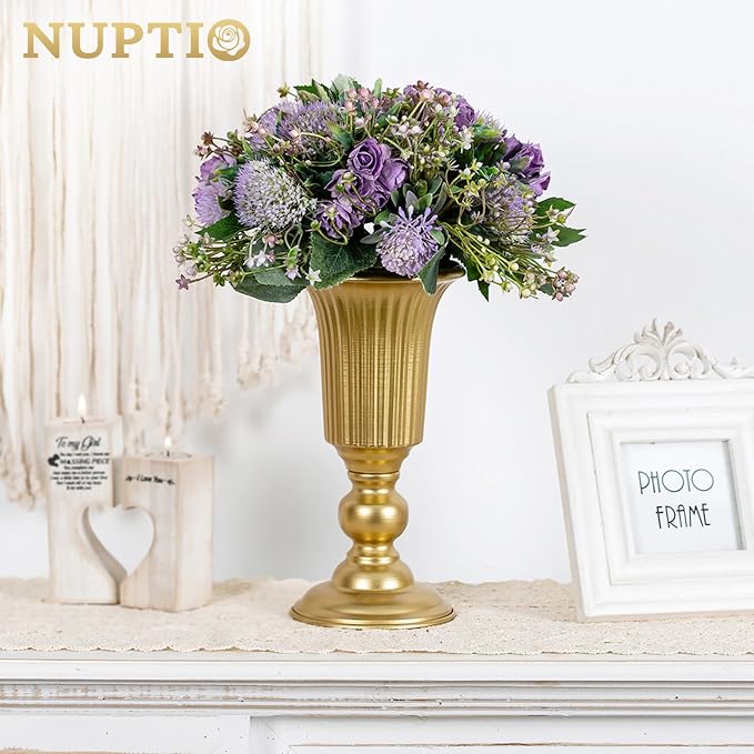 Nuptio Pcs of 10 Flowered Metal Trumpet Vase Elegant Wedding Centerpieces Vase for Party Decoration, 23.2cm/9.13" Tall Artificial Flower Arrangements for Anniversary Ceremony