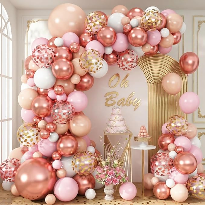 Rose Gold Balloon Garland Arch Kit, 122Pcs Metallic Rose Gold Pink White Gold Balloons for Wedding Bridal Baby Shower Graduation Girls Women Mother Day Birthday Party Decorations
