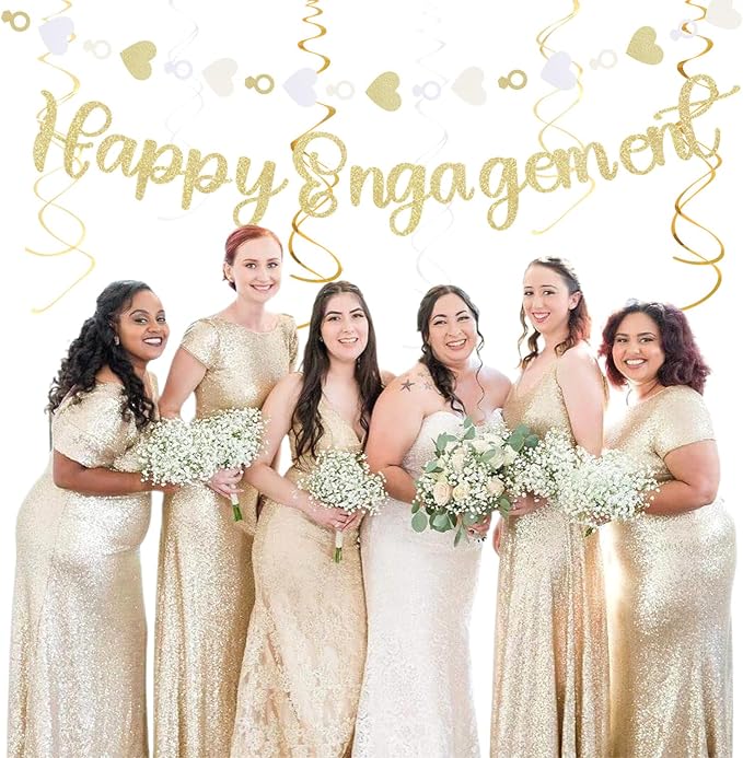 Happy-Engagement Wedding Banner Just-Engaged Party-Decorations - 22pcs White Champagne Gold Paper Lanterns Streamers,Tissue Paper Pom Poms Flowers Fans Garland Decor Sign Backdrop Hugmoon