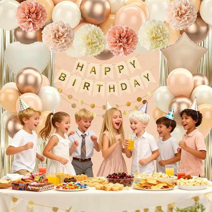 Blush Beige Birthday Decorations Nude Gold Balloons Happy Birthday Banner Cake Topper Fringe Curtain Paper Pom Poms Blush White Sand Champagne Heart Star Balloon Neutral Boho Party Decor Girls Women