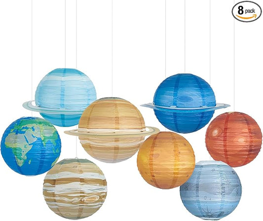 8 PCS Planet Paper Lanterns Outer Space Party Decorations Solar System Planets Hanging Lantern for Kids Space Theme Party Birthday Room Classroom Decorations