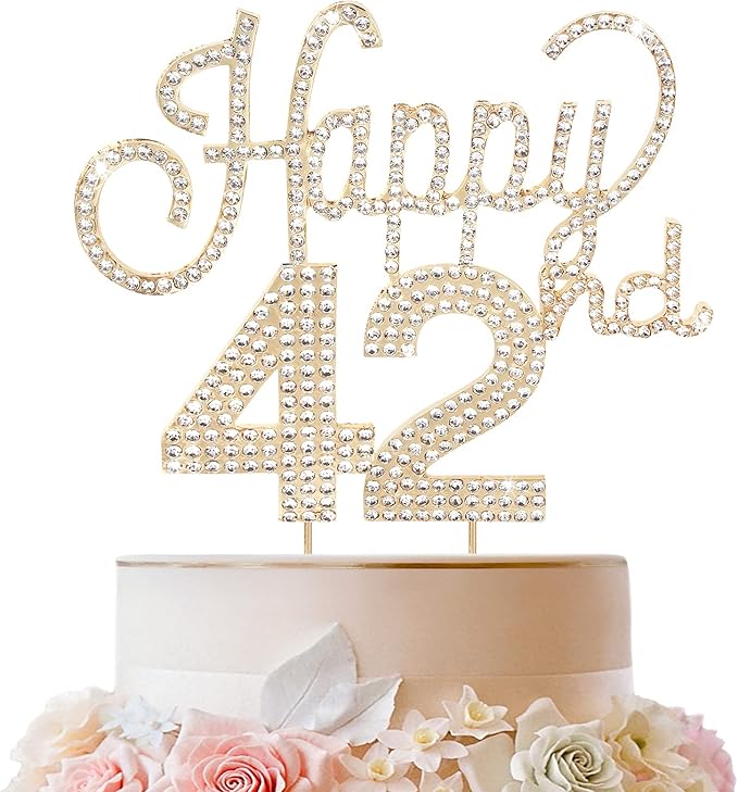 LINGTEER Happy 42nd Birthday Gold Rhinestone Cake Topper - Cheers to 42nd Birthday 42 Years Old Anniversary Party Cake Centerpieces Topper Decorations Gift Sign.