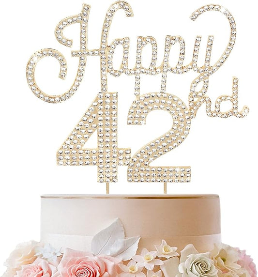 LINGTEER Happy 42nd Birthday Gold Rhinestone Cake Topper - Cheers to 42nd Birthday 42 Years Old Anniversary Party Cake Centerpieces Topper Decorations Gift Sign.