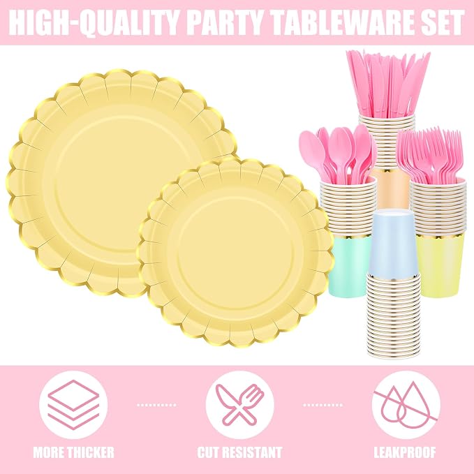 Yaomiao 168 Pcs Pastel Scalloped Paper Plates Cups Napkin with Gold Foil Pastel Disposable Dinnerware Set Easter Party Supplies Serve 24 Guests Princess Birthday Party Baby Shower Decorations